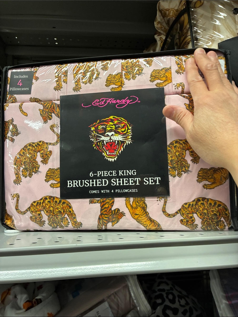 Ed Hardy Pink Tiger Print Brushed Sheet Set - King